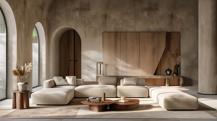 Minimalistic beige sofa in modern concrete living room interior