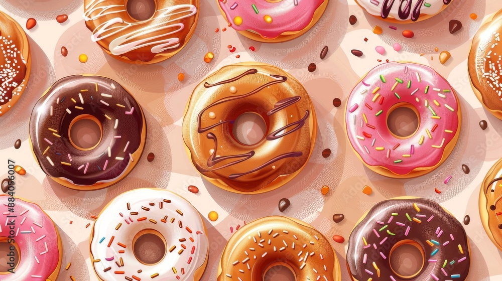 Poster scrumptious display of assorted donuts with colorful frosting and sprinkles