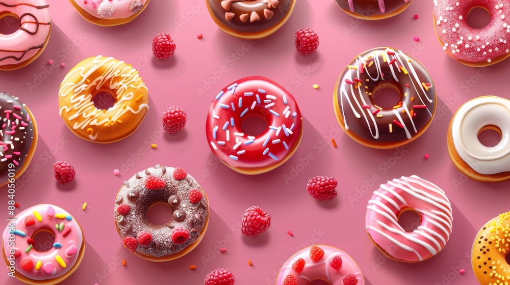 Poster scrumptious display of assorted donuts and raspberries on pink background