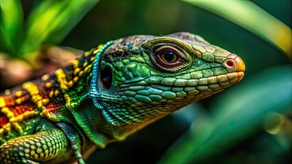 Fototapeta premium Close up of a beautiful reptile with scales and vibrant colors, reptile, scales, vibrant, colors, close up, exotic