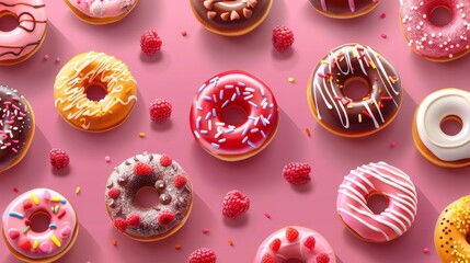 Scrumptious Display of Assorted Donuts and Raspberries on Pink Background