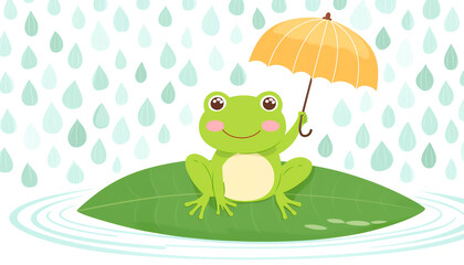 梅雨イメージ　傘をさすカエル