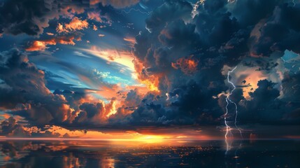 Obraz premium Dark clouds gather, lightning illuminates the evening sky, hinting at the approaching summer tempest.