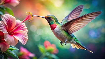 Beautiful hybrid creature with the body of a hummingbird and the petals of a hibiscus flower, hybrid, creature, hummingbird