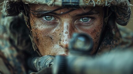 Obraz premium Focused Military Mindset Close Up of Female Soldier Focused Eyes Military Readiness and Determination Concept Discipline Under Pressure