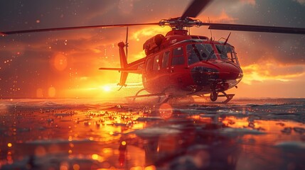 Red Helicopter Landing on Water at Sunset.