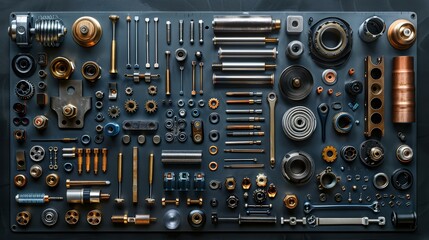 Fototapeta premium Industrial Metal Parts and Components on Grey Background.