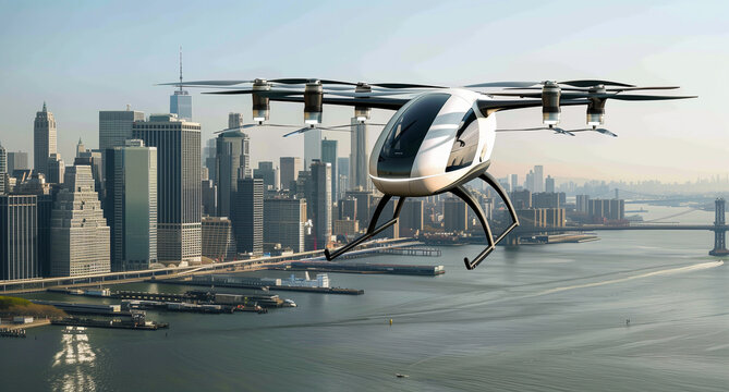 A white air taxi, eVTOL or passenger drone with propellers is flying infront of an urban skyline, illuminated by sunlight.