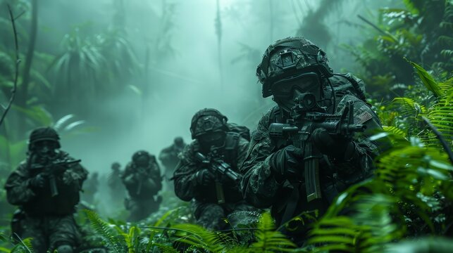 Military soldiers in camouflage gear in the jungle.