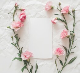 A blank paper surrounded by pink flowers, perfect for themes of romance, beauty, and minimalistic floral designs.