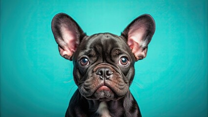 Fototapeta premium Close-up of cute black French Bulldog puppy with expressive eyes and curious expression on turquoise background