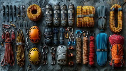 Fototapeta premium Rock Climbing Equipment Set on a Dark Background.