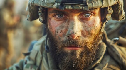 Fototapeta premium Close Up Portrait of a Soldier with a Dirty Face and Beard.