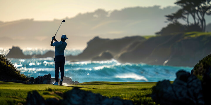 A man is playing golf on a course with a beautiful ocean view in the background