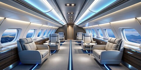 Obraz premium Modern interior of a rendered airplane with advanced technology, airplane, interior, AI, technology, modern, advanced