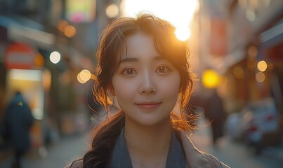 A beautiful young Asian woman stands on a city street, the warm glow of the sun shining down on her as she uses her smartphone.