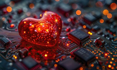Abstract electronic heart background with red heart designed as central processing unit of love on circuit board background for Valentine's technology business card.
