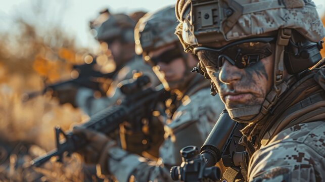 Close-up of a soldier with a rifle in a military setting.