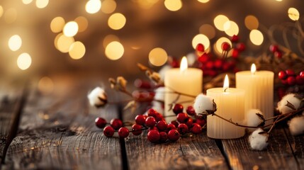 Candles, Berries and Cotton Branches on Rustic Wooden Surface