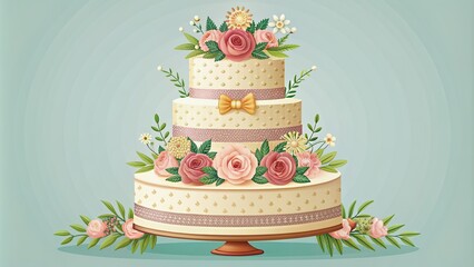 Whimsical vector illustration of tiered wedding cake showcasing servings infographics, decorated with flowers, ribbons, and elegant typography, perfect for wedding planning graphics.