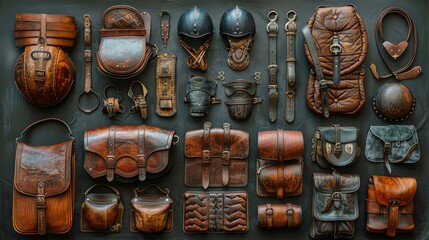 Collection of Leather Bags, Belts, and Helmets.