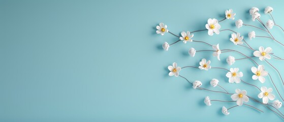 Minimalist floral background with delicate white flowers on light blue backdrop. Perfect for spring and summer themes.