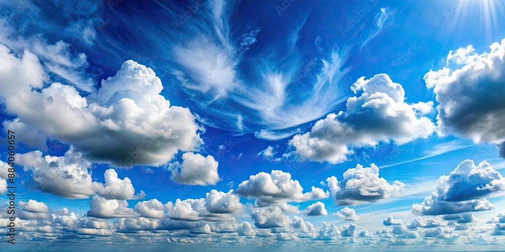 Poster Panorama of a serene blue sky and fluffy clouds on a sunny day, panorama, blue sky, clouds, daylight, natural background