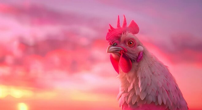 Close-up of a rooster at sunrise with a vibrant pink sky in the background, showcase natural beauty in rural farm life.
