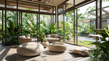 Fototapeta premium A modern conservatory with large glass walls, rattan furniture, and an abundance of lush green plants, creating a peaceful retreat.