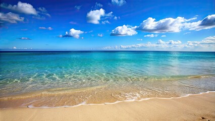 Obraz premium Sandy beach and crystal clear sea with a blue sky , vacation, summer, tropical, paradise, relax, ocean, waves, shore, coastline