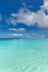 Beautiful summer sea. Sunny exotic tropical beach. Nature horizon sea and bright blue sky with clouds with sunlight. Summertime seascape, turquoise ocean water, idyll island meditation, inspire 
