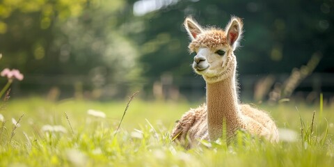 Obraz premium Cute alpaca resting in a sunny field, surrounded by green grass and natural beauty.