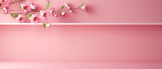 Minimalistic pink background with beautiful cherry blossoms on branches. Perfect for spring themes, invitations, and design compositions.