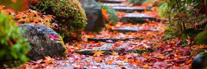 Stone path with autumn leaves in forest. Pathway in the park. Beautiful nature landscape. Fall season concept. Design for wallpaper, banner, backdrop. 