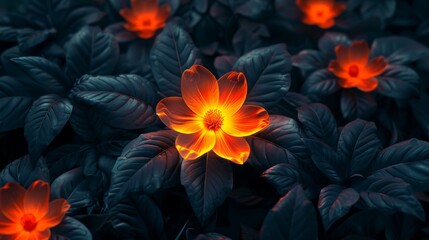 Obraz premium Glowing orange flower in a dark botanical garden