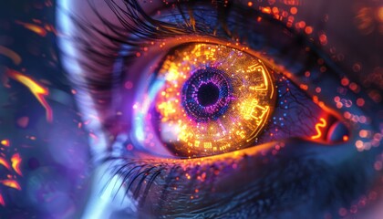 The Optical Biometrics Eye Futuristic Cyberspace Technology Neural Network with Beautiful Colors Scan