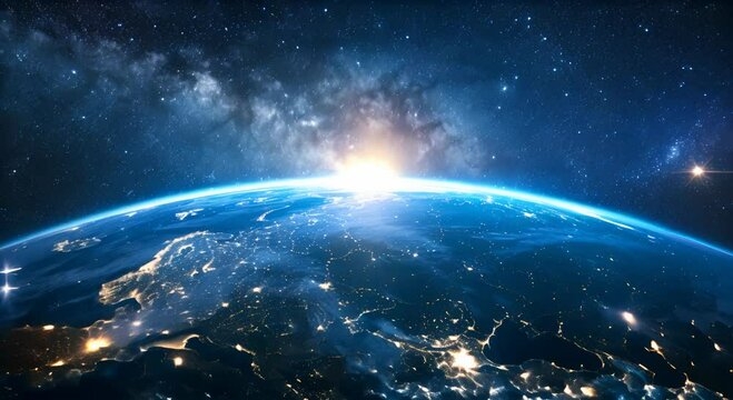 Spectacular view of Earth from space with sunrise behind the planet, showcase continents and a starry sky.