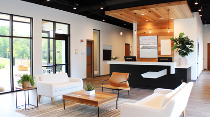 Fototapeta premium Customer service room with black ornament at modern office for client support