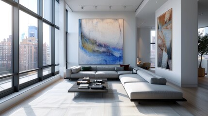 Fototapeta premium A modern minimalist living room with a low-profile sofa, a sleek coffee table, a large abstract painting, and floor-to-ceiling windows.