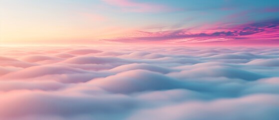 Obraz premium Peaceful sky view with soft pastel clouds at sunrise, blending subtle shades of blue, pink, and purple creating a serene atmosphere.