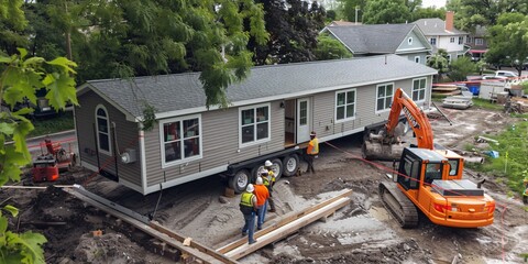 An Aerial Perspective of a Factory-Built, Portable, Modular Double Wide House Being Set Up on a Plot in a Community.