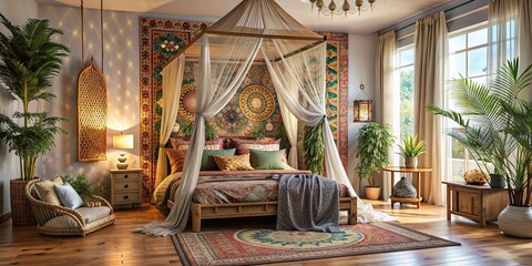 Obraz premium Dreamy bohemian bedroom with canopy bed and eclectic patterns, boho, vibrant, cozy, dreamy, sanctuary, retreat, decor
