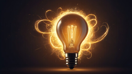 A glowing light bulb surrounded by sparks and swirls, representing ideas and inspiration, concept, copy space 