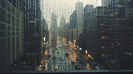 Rain streaks on window with blurred city background.