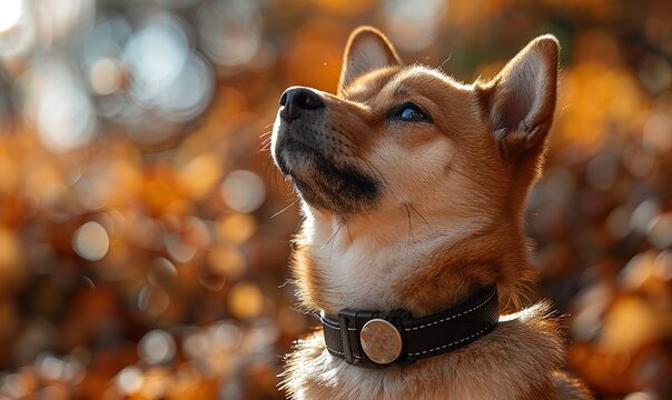 A Shiba Inu, sporting a dogecoin collar, stands out.