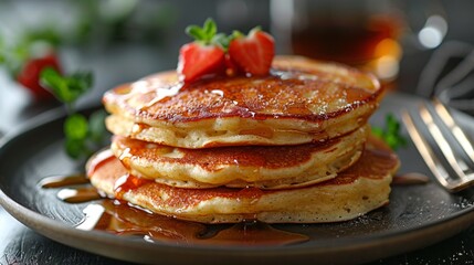 Savor a delectable morning meal of pan-fried flapjacks on a pristine plate.