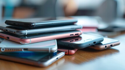 Cell phones piled up on the table. In the background are various types and models of smartphones. This is the concept of a technology, advertising, sales or marketing business.