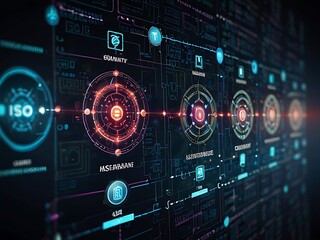 Obraz premium An illustration of ISO standards quality control, assurance, and warranty in a business context, showing a laptop computer and document icons representing compliance and standards