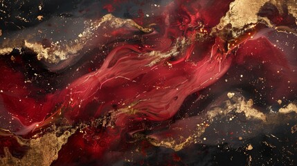 Abstract painting with vibrant red and gold swirls and flecks against a dark background