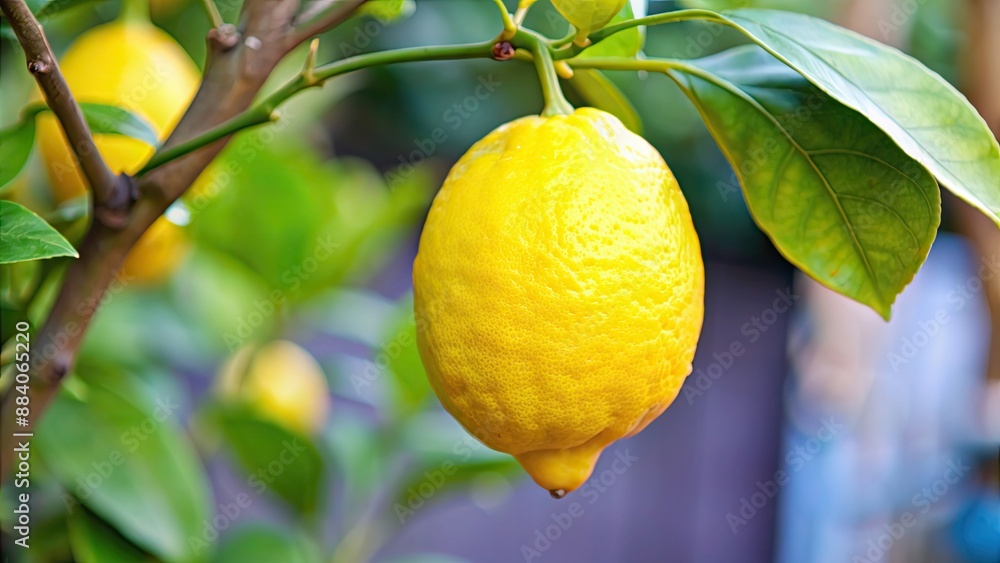 Poster A close-up of a vibrant lemon hanging on a lemon tree branch, Fresh, juicy, citrus, fruit, yellow, ripened, gardening, organic